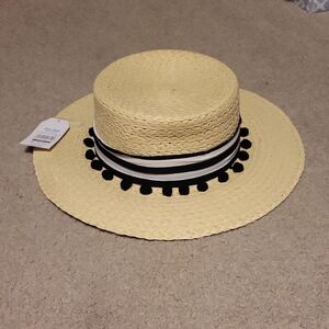 Straw Sun Hat with Black Pom Trim and Striped Band